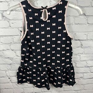 Kate Spade Women’s Sleeveless Top Black with Pink Bows Ruffle Bottom Keyhole S